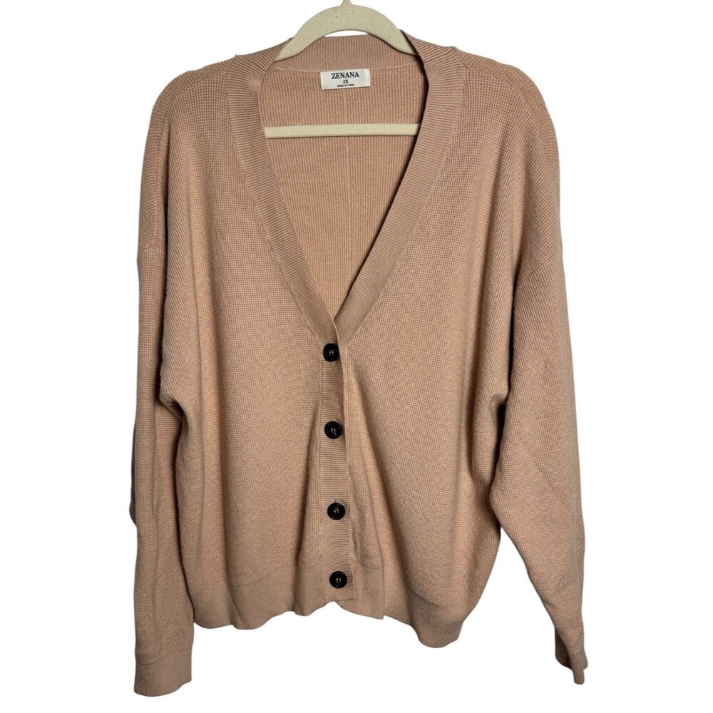 Zenana Light Bisque Tan Size 2X Button Up Long Sleeve Waffle Knit Cardigan